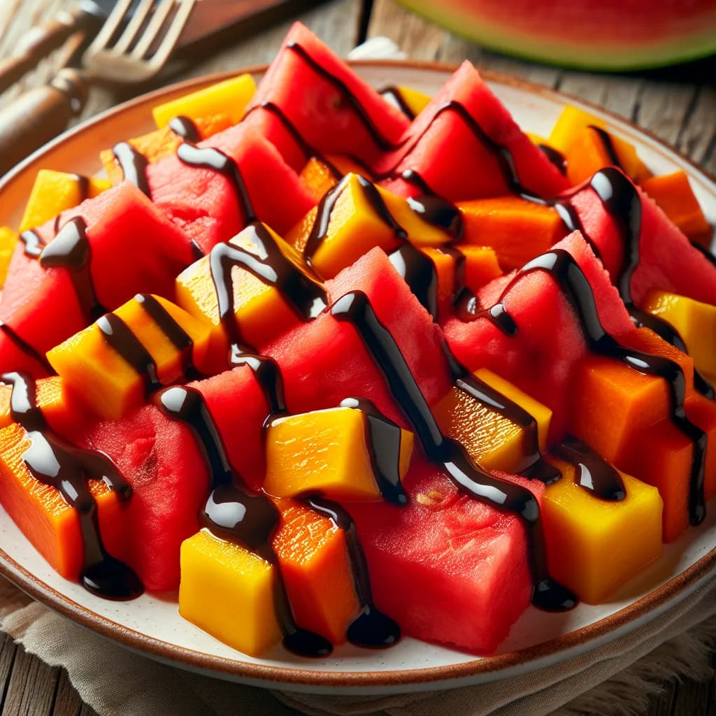 Watermelon and Pumpkin Salad with Chocolate Drizzle