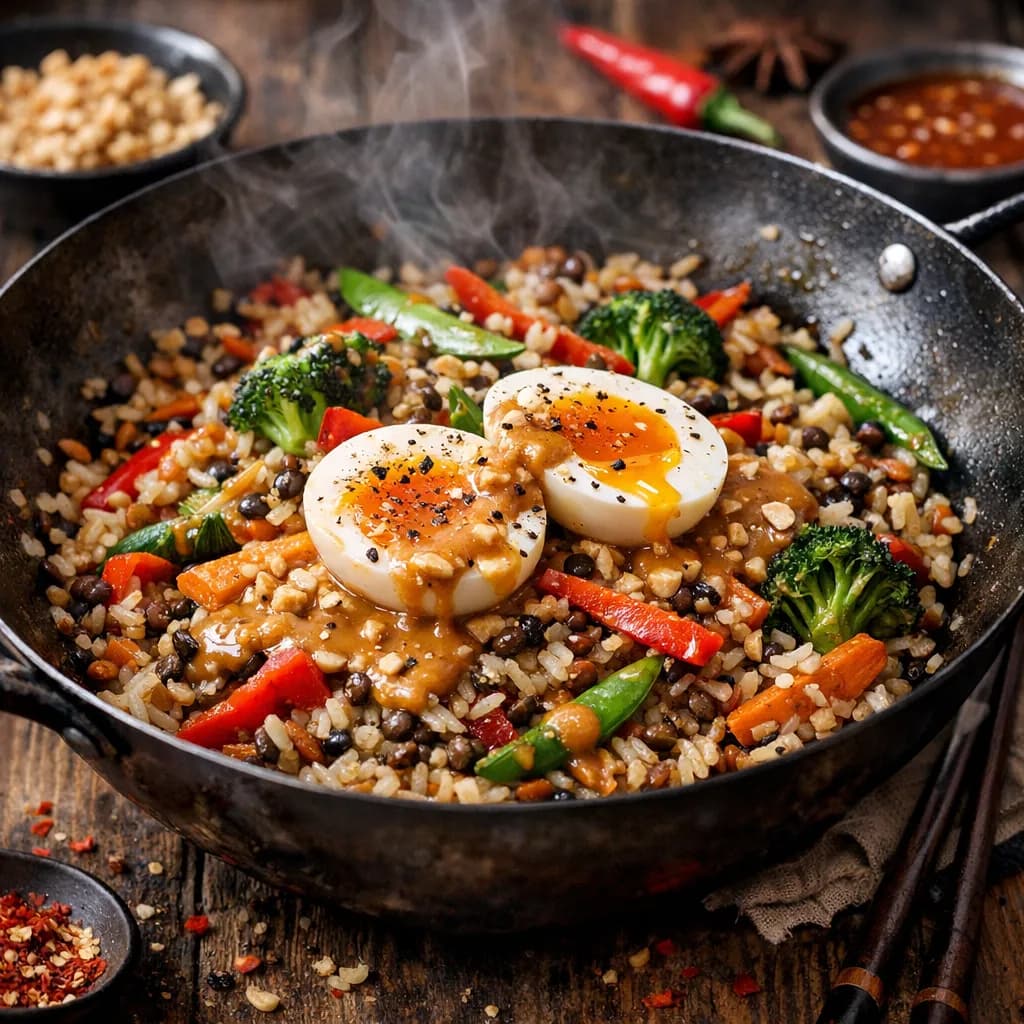 Wok épicé de riz, lentilles, légumes et œufs mollets, sauce cacahuète