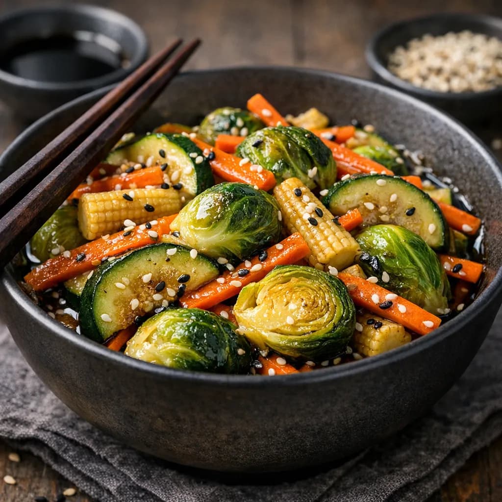 Wok de verduras con calabacín, zanahoria, maíz baby y Bruselas