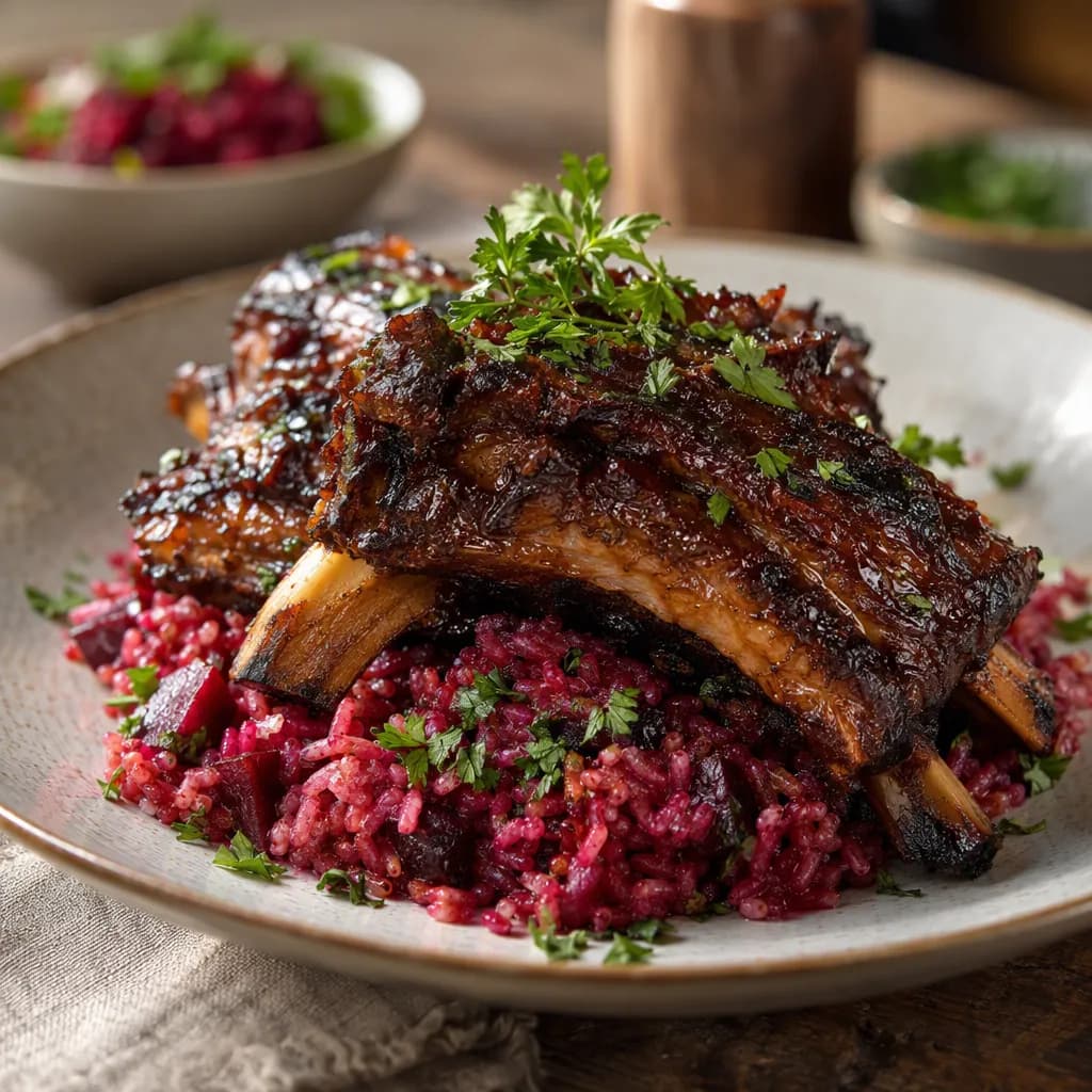 Worcestershire-Glazed Beef Ribs with Beet Rice