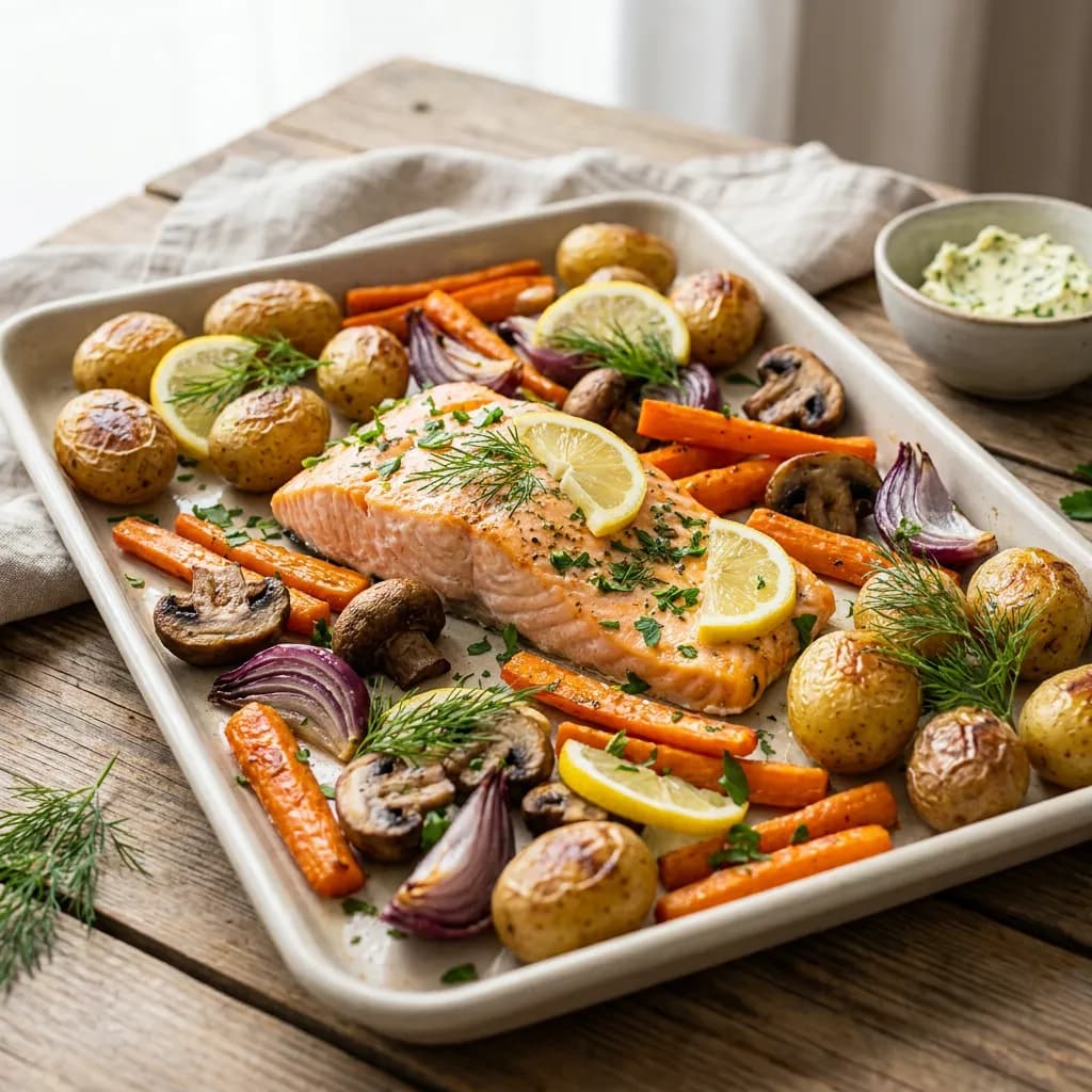 Zitronen-Knoblauch-Lachs vom Blech mit Pilzen, Karotten und Kartoffeln