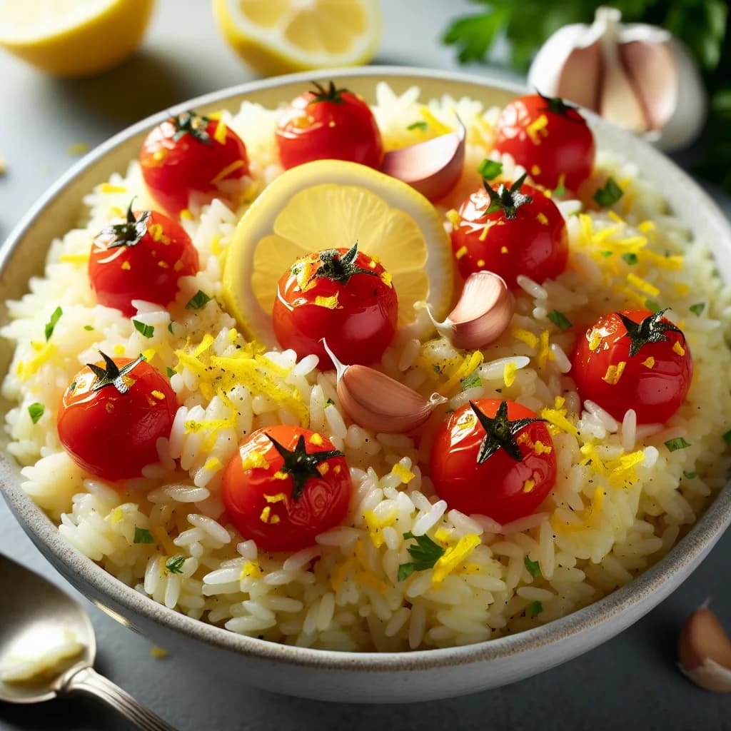 Zitronen-Knoblauch-Reis mit Cocktailtomaten