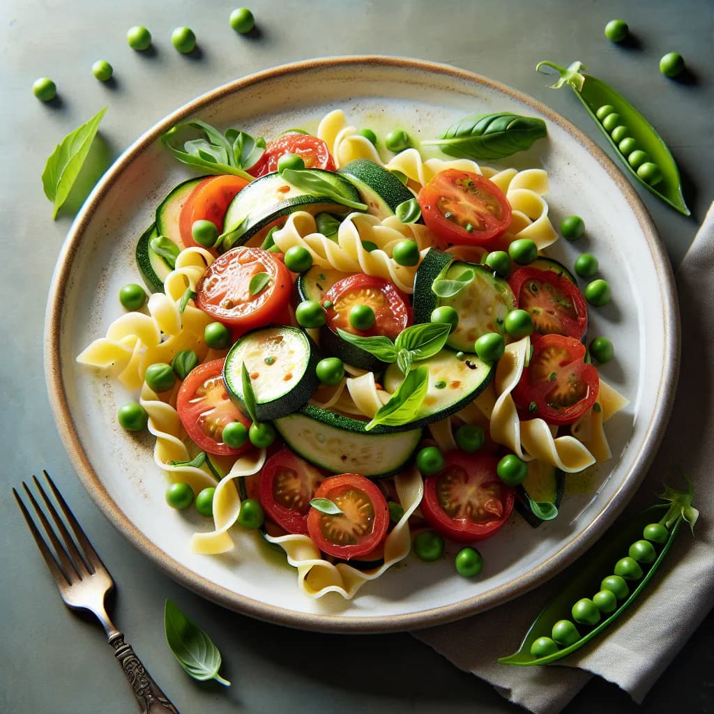 Zucchini-Tomaten-Pasta mit Erbsenschoten