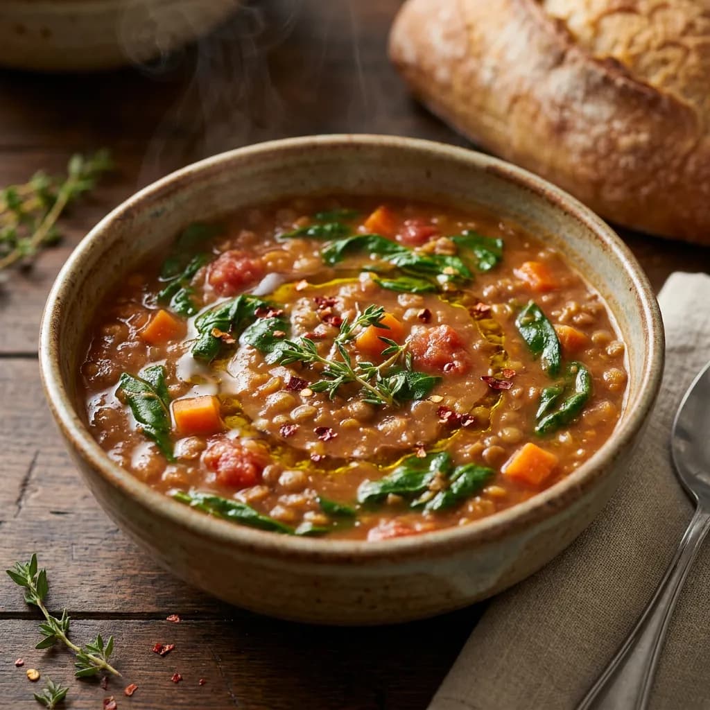Zuppa speziata di lenticchie e spinaci