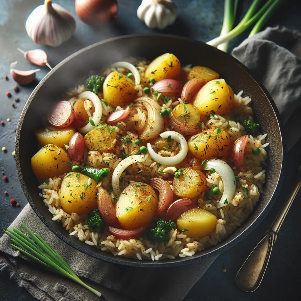 Zwiebel-Kartoffel-Reis-Pfanne