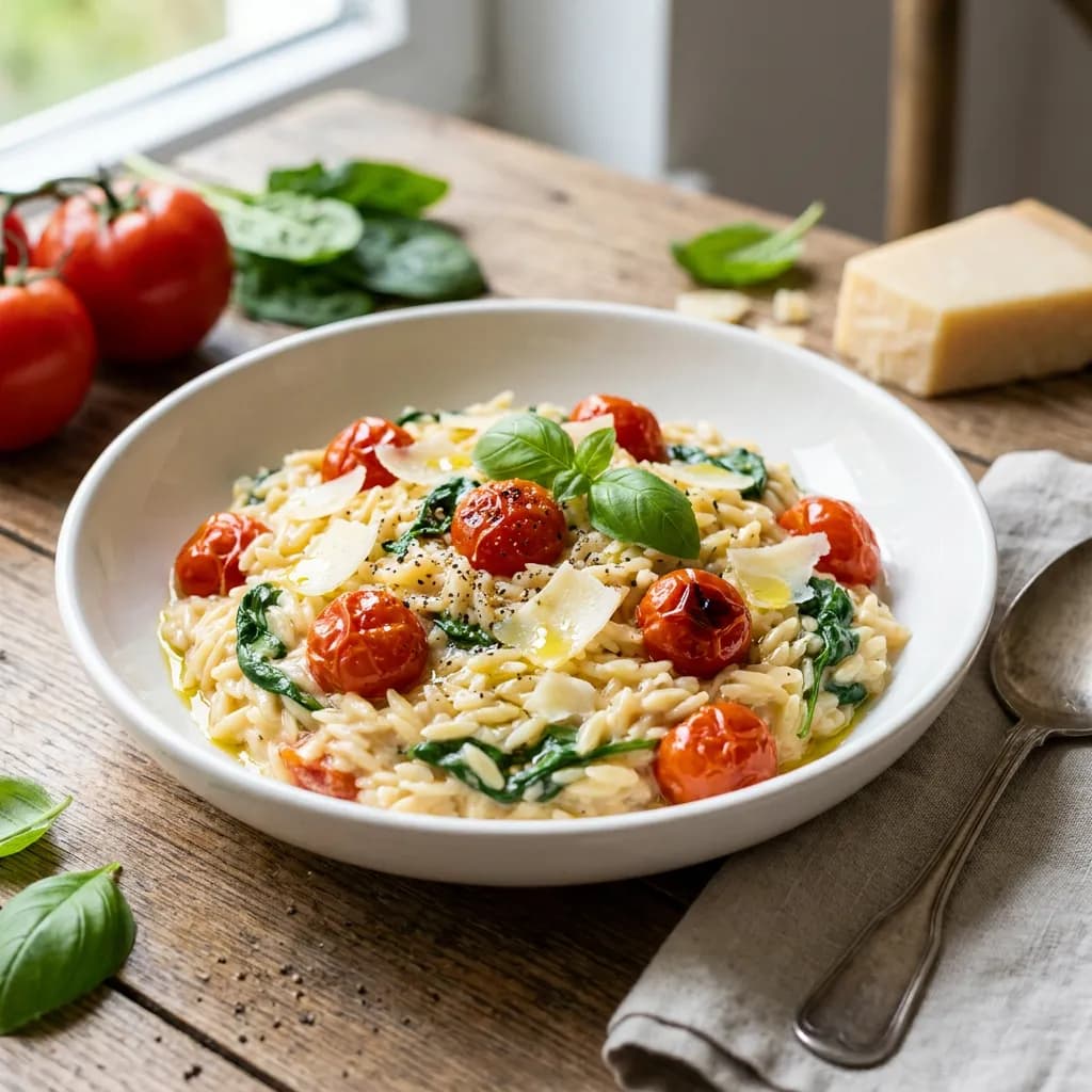 Cremiges Nudelrisotto mit Tomaten und Spinat