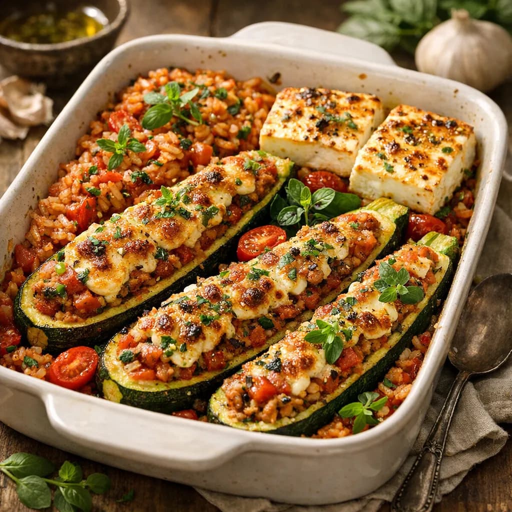 Gefüllte Zucchini mit Tomatenreis und Feta