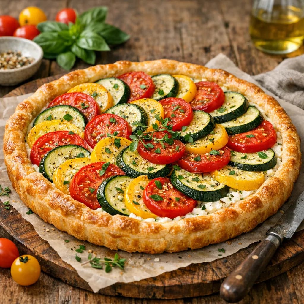 Sommerliche Tomaten-Zucchini-Tarte mit Ricotta