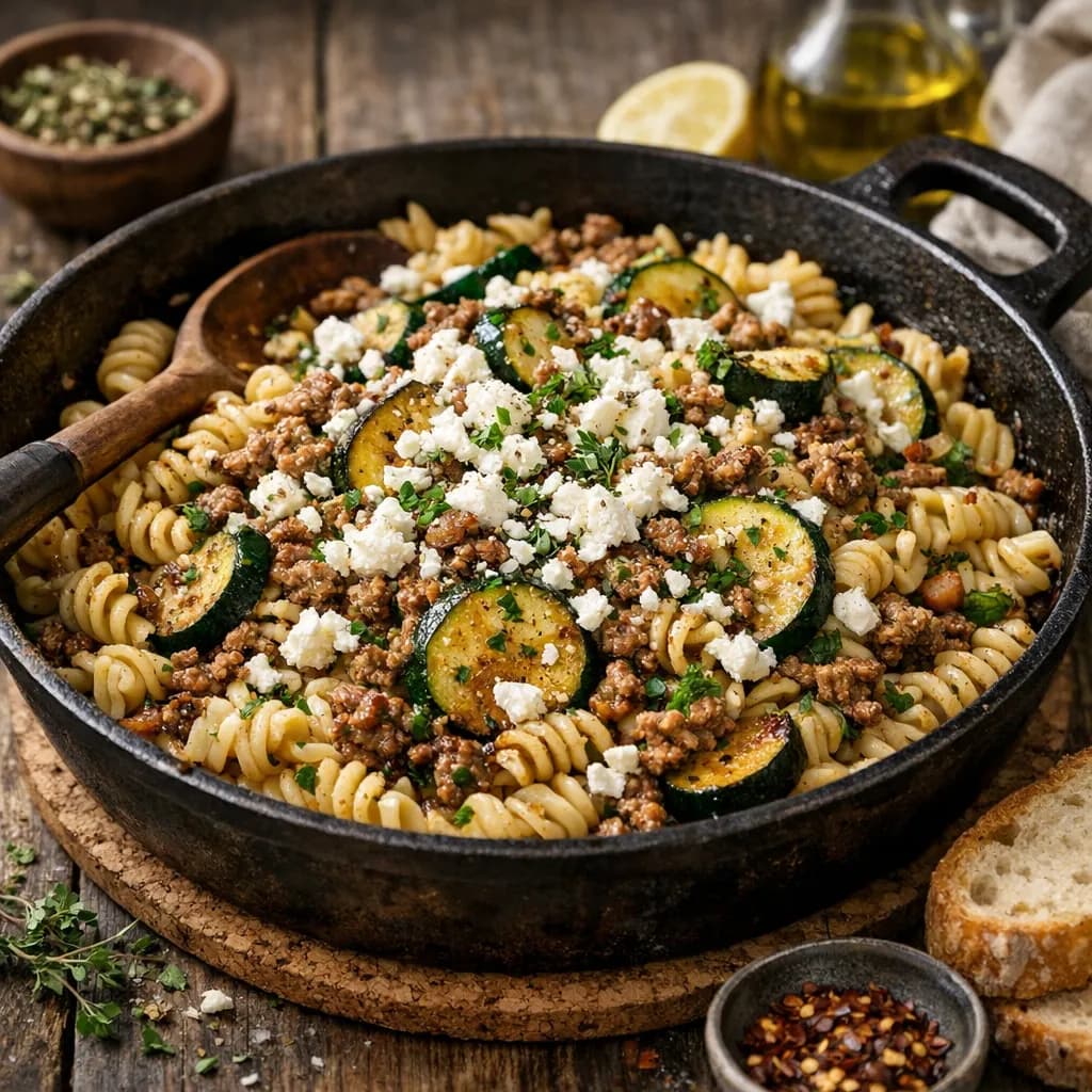 Zucchini-Hack-Pfanne mit Feta und Nudeln